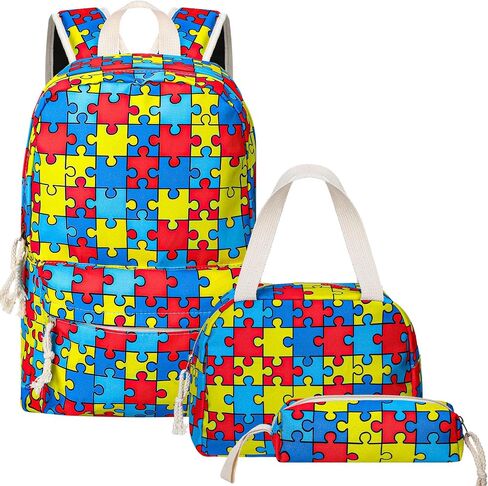 3 Pcs Autism Awareness Backpack Set Puzzle Lightweight Daypack with Box and Storage Case Colorful Daypack for Gift in Kuwait