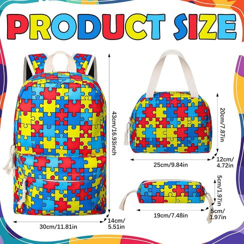 3 Pcs Autism Awareness Backpack Set Puzzle Lightweight Daypack with Box and Storage Case Colorful Daypack for Gift in Kuwait