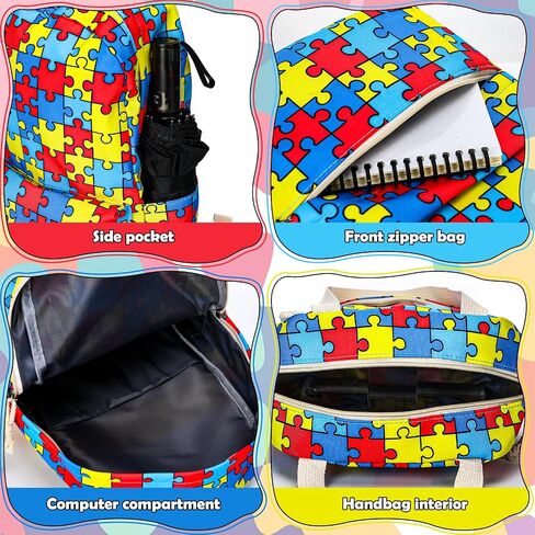 3 Pcs Autism Awareness Backpack Set Puzzle Lightweight Daypack with Box and Storage Case Colorful Daypack for Gift in Kuwait