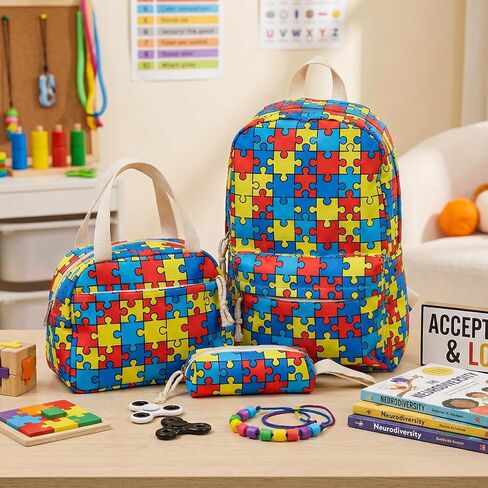 3 Pcs Autism Awareness Backpack Set Puzzle Lightweight Daypack with Box and Storage Case Colorful Daypack for Gift in Kuwait