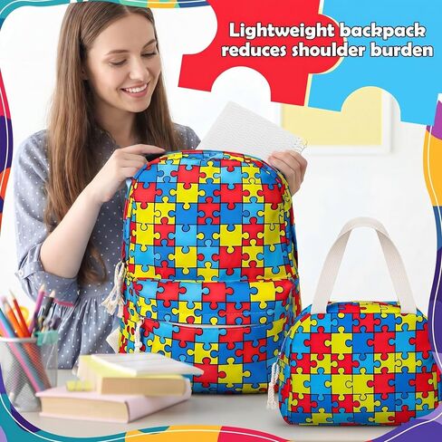 3 Pcs Autism Awareness Backpack Set Puzzle Lightweight Daypack with Box and Storage Case Colorful Daypack for Gift in Kuwait