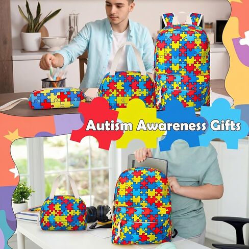 3 Pcs Autism Awareness Backpack Set Puzzle Lightweight Daypack with Box and Storage Case Colorful Daypack for Gift in Kuwait