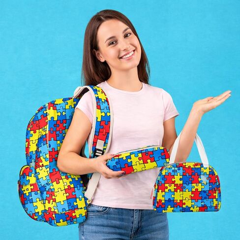 3 Pcs Autism Awareness Backpack Set Puzzle Lightweight Daypack with Box and Storage Case Colorful Daypack for Gift in Kuwait