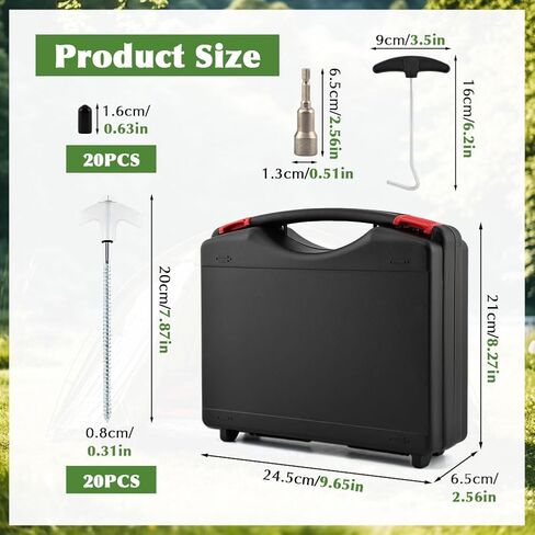 20 Pack Screw-in Tent Stakes, 8-Inch Heavy-Duty Metal Ground Pegs with Hex Head Driver, Spike Puller and Protective Caps, Storage Bag and Box Included, for Camping, Gardening, Glow in the Dark in Saudi Arabia