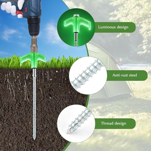 20 Pack Screw-in Tent Stakes, 8-Inch Heavy-Duty Metal Ground Pegs with Hex Head Driver, Spike Puller and Protective Caps, Storage Bag and Box Included, for Camping, Gardening, Glow in the Dark in Saudi Arabia