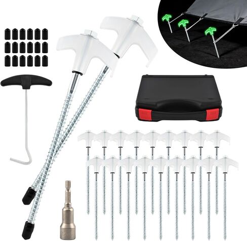 20 Pack Screw-in Tent Stakes, 8-Inch Heavy-Duty Metal Ground Pegs with Hex Head Driver, Spike Puller and Protective Caps, Storage Bag and Box Included, for Camping, Gardening, Glow in the Dark in Saudi Arabia