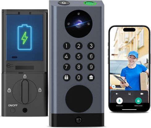 Smart Lock with Camera & Video Doorbell eLinksmart Keyless Entry Deadbolt with PIR Motion Detection, Built-in WiFi No Hub, Fingerprint Keypad Tuya App Alexa, 365-Day Battery, for Front Door in Kuwait
