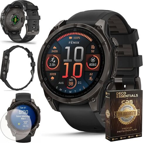 Garmin Fenix 8 47mm AMOLED Sapphire Multisport GPS Smartwatch, Carbon Gray Titanium with Black Silicone Band, 010-02904-20 - Bundle w/Deco Essentials 26-Month CPS Plan in Saudi Arabia