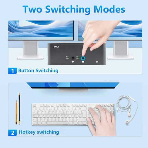 KVM Switch 2 Monitors 2 Computers, 8k Displayport Switch with USB 3.0, Jack, 2 Computers Share a Set of Keyboard, Mouse, Support Windows/Mac/Linux (Dual Monitor) in Saudi Arabia