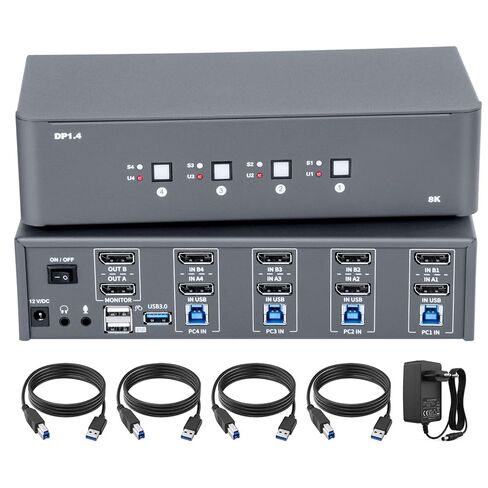 KVM Switch 2 Monitors 4 Computers, 8k Displayport Switch with USB 3.0, Jack, 4 Computers Share a Set of Keyboard, Mouse, Support Windows/Mac/Linux (Dual Monitor) in Saudi Arabia