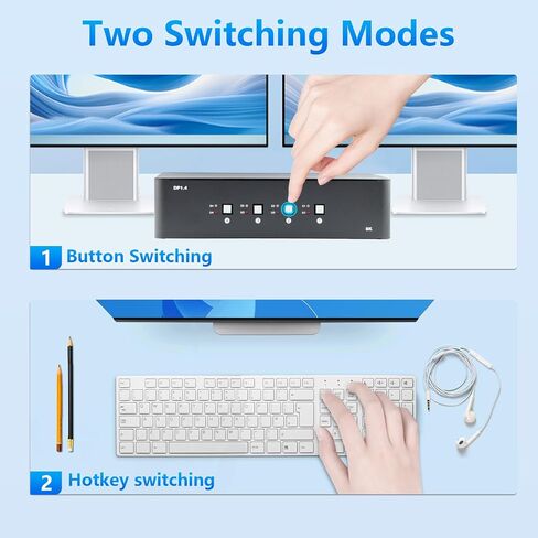 KVM Switch 2 Monitors 4 Computers, 8k Displayport Switch with USB 3.0, Jack, 4 Computers Share a Set of Keyboard, Mouse, Support Windows/Mac/Linux (Dual Monitor) in Saudi Arabia