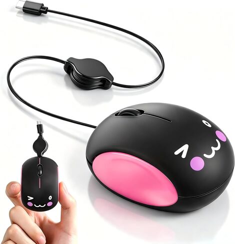 Type-C Cartoon Retractable Mouse - Silent Click, Comfortable Grip for Small Hands, Perfect for Travel and Home Use, Compatible with Laptops & Tablets (Pink) in Kuwait