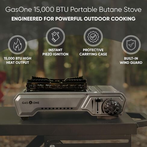 GasOne GS-5900A 15,000 BTU Portable Butane Camping Stove with Heavy Duty Case: Automatic Ignition, High Output, Precise Heat Control - Camping & Tailgating and Outdoor Cooking in Kuwait