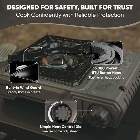 GasOne GS-5900A 15,000 BTU Portable Butane Camping Stove with Heavy Duty Case: Automatic Ignition, High Output, Precise Heat Control - Camping & Tailgating and Outdoor Cooking in Kuwait