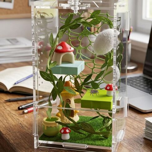 Jumping Spider Enclosure Kit, Acrylic Terrarium with Habitat Decor in Kuwait
