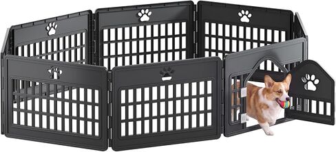 Dog Playpen 4 Panel, Puppy Playpen for Small Puppy, Small Dog Fence Indoor, Plastic Enclosure with Decorative Claw Print & Roof Style Gate, Secure Lock, Ideal for Cats, Rabbits, White in Saudi Arabia