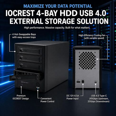 USB 4.0 (40Gbps) Type-C 4 Bay 2.5 Inch and 3.5 Inch SATA HDD/SSD External Hard Drive Enclosure, Tool Free Retractable Bay, Support Hot Swappable, Total 120TB Capacity, Non-RAID / NAS. in Kuwait