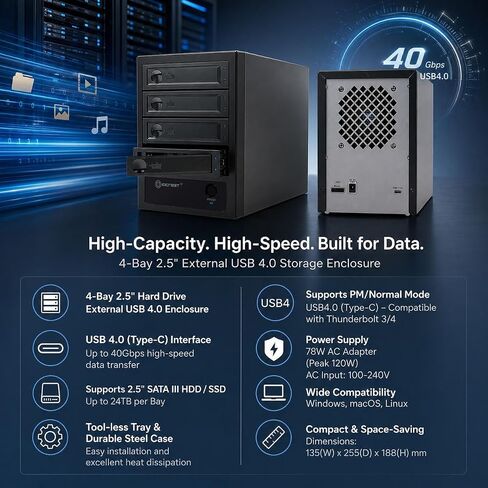 USB 4.0 (40Gbps) Type-C 4 Bay 2.5 Inch and 3.5 Inch SATA HDD/SSD External Hard Drive Enclosure, Tool Free Retractable Bay, Support Hot Swappable, Total 120TB Capacity, Non-RAID / NAS. in Kuwait