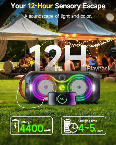 Party Bluetooth Speaker: 60W Peak Power, Deep Bass Dual Woofers, 12H Battery, RGB Lights, TWS, FM Radio, AUX/USB/Mic Input | for Indoor & Outdoor-Updated in Kuwait