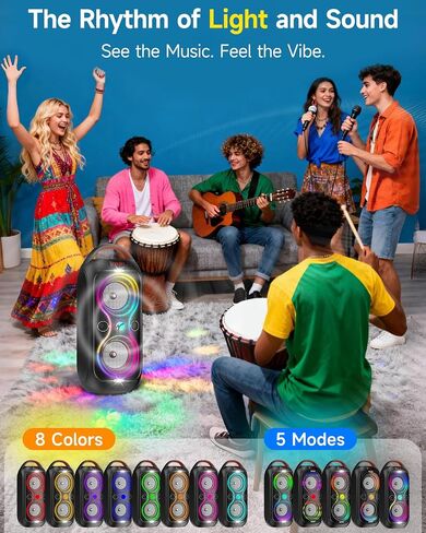 Party Bluetooth Speaker: 60W Peak Power, Deep Bass Dual Woofers, 12H Battery, RGB Lights, TWS, FM Radio, AUX/USB/Mic Input | for Indoor & Outdoor-Updated in Kuwait