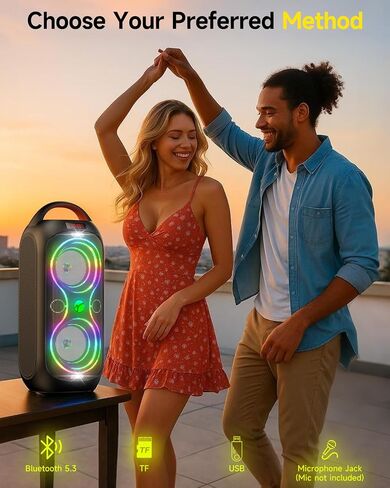 Party Bluetooth Speaker: 60W Peak Power, Deep Bass Dual Woofers, 12H Battery, RGB Lights, TWS, FM Radio, AUX/USB/Mic Input | for Indoor & Outdoor-Updated in Kuwait