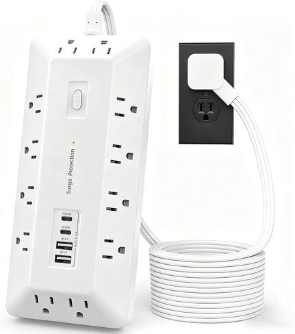 6 Ft Surge Protector Power Strip with 1800J, Extension Cord with Multiple Outlets 12AC+4USB(2USB-C Port for 20W), Flat Plug Outlet Extender with 1625W/13A for Laptop, Desk, Home Office Dorm in Kuwait