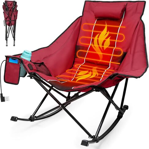 ZENPETIO Heated Rocking Camping Chair, Outdoor Folding Rocker Chairs, Red in Kuwait