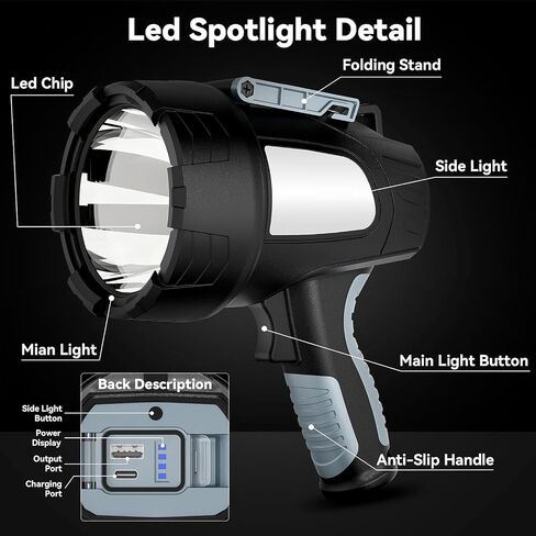 Rechargeable Spotlight Flashlight, 99,000 Lumen Super Bright Led Spotlight with 6 Modes & Foldable Tripod, Powerful Spot Light 30H Long Runtime, Handheld Spot Light for Outdoor Boating Hµnting in Kuwait