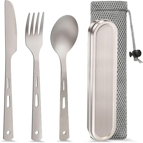 Pure Titanium Travel Utensils with Case, Ultra-Light Ti Portable Champing Essential Cutlery Set, Knife Fork Spoon Reusable Flatware Sets for Camping Picnic Outdoor Hiking, Lunch Box for Men in Kuwait