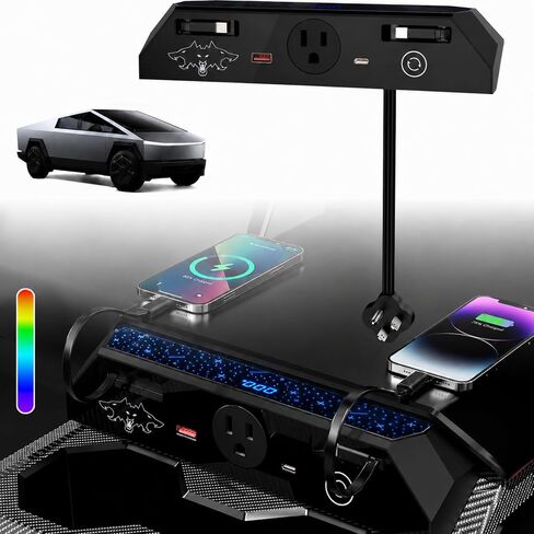 USB Charger Hub for Tesla Cybertruck with 110V AC Outlet & Retractable Type-C Cables, 30W PD/QC3.0 Fast Phone Charge, Center Console Docking Station Accessories (NOT for 2026 Dual Motor AWD) in Kuwait