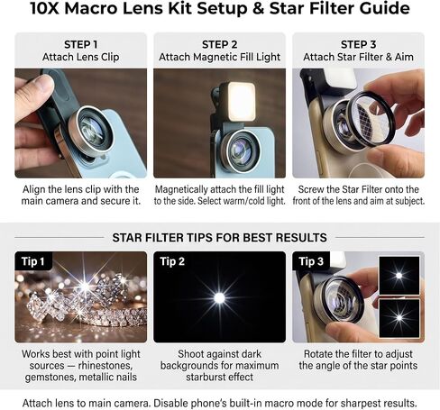 Macro Lens for iPhone 10X Phone Camera Lens Kit with Fill Light & Star Filter, Magnetic Warm/Cool Fill Light Universal Clip for Nail Art & Jewelry Photography in Saudi Arabia