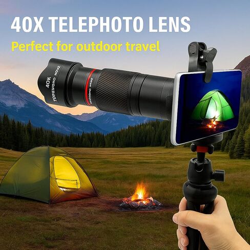 40X HD Telephoto Phone Camera Lens, 2-in-1 Universal Mobile Photography Lens Kit with Adjustable Tripod and Phone Clip, HD External Camera Lens for Most Smartphones Portrait Macro Shooting in Saudi Arabia