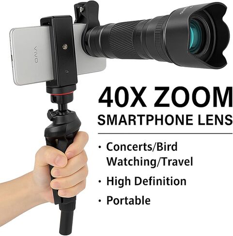 40X HD Telephoto Phone Camera Lens, 2-in-1 Universal Mobile Photography Lens Kit with Adjustable Tripod and Phone Clip, HD External Camera Lens for Most Smartphones Portrait Macro Shooting in Saudi Arabia