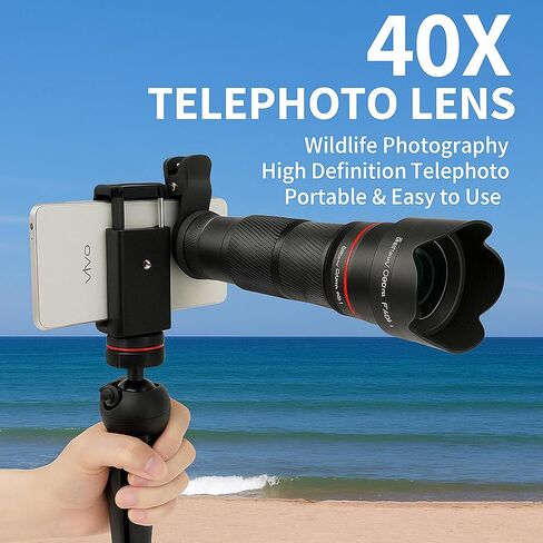 40X HD Telephoto Phone Camera Lens, 2-in-1 Universal Mobile Photography Lens Kit with Adjustable Tripod and Phone Clip, HD External Camera Lens for Most Smartphones Portrait Macro Shooting in Saudi Arabia