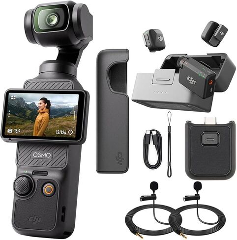 DJI Osmo Pocket 3 4K 120fps Handheld 3-Axis Gimbal Stabilizer Bundle Mic Mini (2 TX + 1 RX + Charging Case) + 2X Deco Essentials 3.5mm Computer Clip-On Mini Lapel Microphone in Saudi Arabia
