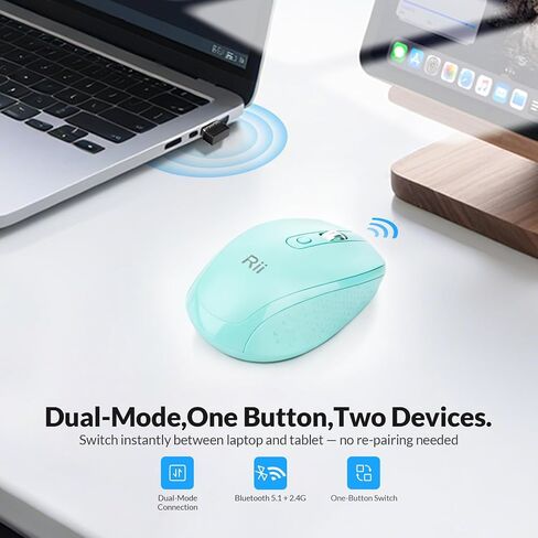 Rii RM213 Rechargeable Mini Wireless Mouse (Bluetooth 5.1+2.4G Hz) Dual Mode,Travel-Friendly Mice,DPI 800 1200 1600,Type-C Port, Portable PC Mouse for Mac Windows 11/10/8/7/XP/Vista,Cyan in Saudi Arabia