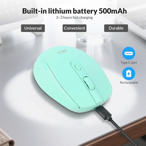 Rii RM213 Rechargeable Mini Wireless Mouse (Bluetooth 5.1+2.4G Hz) Dual Mode,Travel-Friendly Mice,DPI 800 1200 1600,Type-C Port, Portable PC Mouse for Mac Windows 11/10/8/7/XP/Vista,Cyan in Saudi Arabia