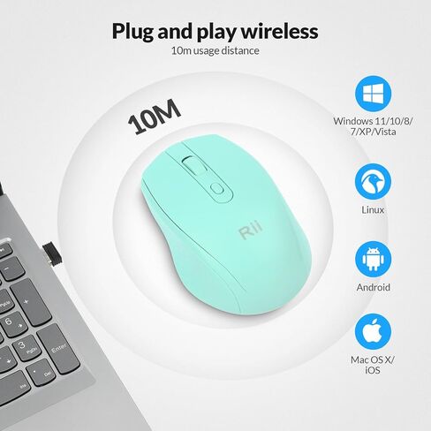Rii RM213 Rechargeable Mini Wireless Mouse (Bluetooth 5.1+2.4G Hz) Dual Mode,Travel-Friendly Mice,DPI 800 1200 1600,Type-C Port, Portable PC Mouse for Mac Windows 11/10/8/7/XP/Vista,Cyan in Saudi Arabia