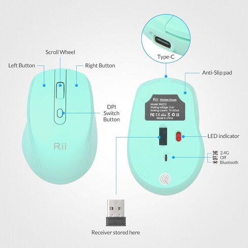 Rii RM213 Rechargeable Mini Wireless Mouse (Bluetooth 5.1+2.4G Hz) Dual Mode,Travel-Friendly Mice,DPI 800 1200 1600,Type-C Port, Portable PC Mouse for Mac Windows 11/10/8/7/XP/Vista,Cyan in Saudi Arabia
