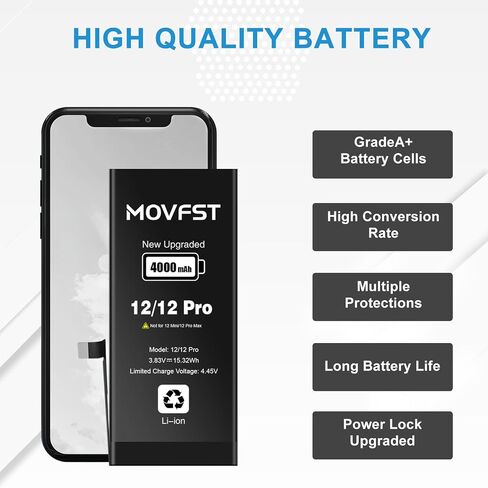 Replacement Battery for iPhone 12/12 Pro, 4000mAh Li-ion Polymer High Capacity Battery Fit for iPhone 12/12 Pro Model A2172 A2402 A2403 A2404 with Repair Tool Kits in Kuwait