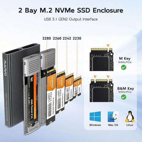 MAIWO Dual Bay M.2 PCIe NVMe SSD Enclosure, 10Gbps USB 3.1 Gen2 with UASP Trim, Tool-Free PCIe NVMe SSD Reader, Supports 2230/2242/2260/2280 M/B+M Key Up to 16TB in Saudi Arabia