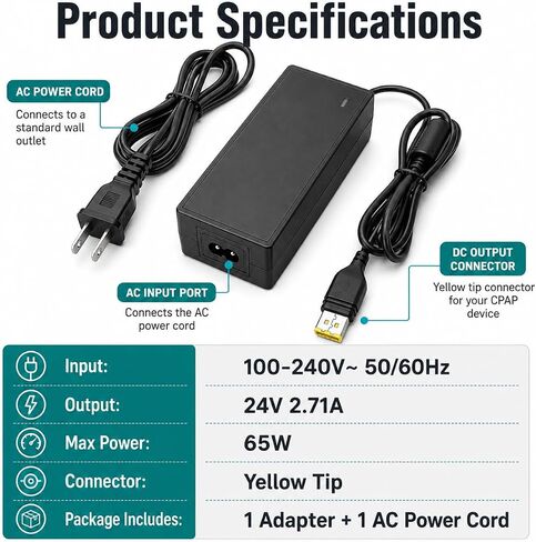 65W 24V Charger Power Cord for ResMed AirSense 11 AutoSet Elite Air11 CPAP, Compatible with OEM Part 39205 E1399 390010 R390-7230 in Kuwait