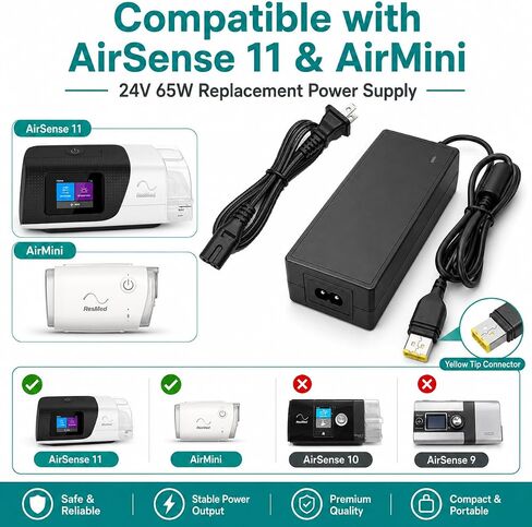 65W 24V Charger Power Cord for ResMed AirSense 11 AutoSet Elite Air11 CPAP, Compatible with OEM Part 39205 E1399 390010 R390-7230 in Kuwait