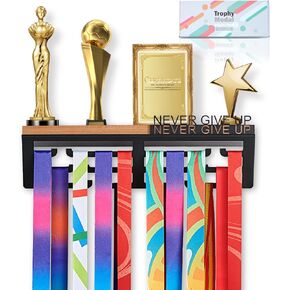 Datoua Medal Hanger Display & Trophy Shelf Combo | Unique 5.3" Deep for Large Trophies, 2X Thicker Metal | Never Give Up Soccer Wall Decor & Marathon Medal Showcase
