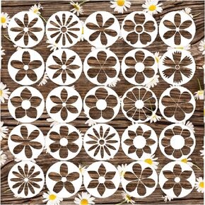 25 Pieces Flower Stencils, 4 Inch Round Reusable Floral Stencils for Painting on Wood Plastic Drawing Natural Template for Coaster Canvas DIY Crafts (Daisy 4in)