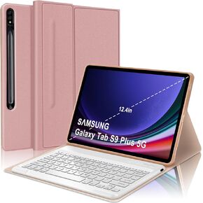 حافظة لوحة مفاتيح SENGBIRCH الإسبانية Ñ لجهاز Samsung Galaxy Tab S9+ Plus/S8+/S7 FE/S7+ Plus (12.4 بوصة)، Teclado، حافظة ذكية للنوم/الاستيقاظ التلقائي متوافقة مع قلم S، بلوتوث USB-C قابلة لإعادة الشحن، وردي