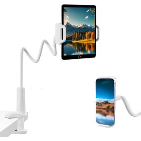ZUYEE Gooseneck Tablet Holder for Bed 4.7-11" Devices iPad Holder Stand Desk Mount Clip 30 inch Flexible Arm Clamp for iPad Mini Air Galaxy Tabs Nintendo Switch Kindle Fire Cell Phone White