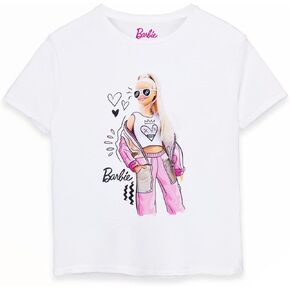 Barbie Girls Short Sleeve T-Shirt | Young Ladies Pose Stylish Sketch Graphic Tee | Kids White Fashion Top | Doll Movie Gift