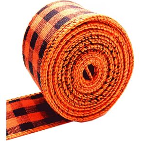 Pumpkin Orange and Black Gingham Buffalo Plaid Ribbon，Thanksgiving Fall Wired Edge Ribbon Halloween Christmas Wrapping Ribbon Wired Craft for Holiday Wrapping, Bow Crafts Decoration