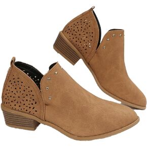 JITUUE Ankle Boots for women Casual Cut Out Slip On Low Heel Short Chunky Stacked Heel Perforated Side V Cut Western Booties Cutout Shoes